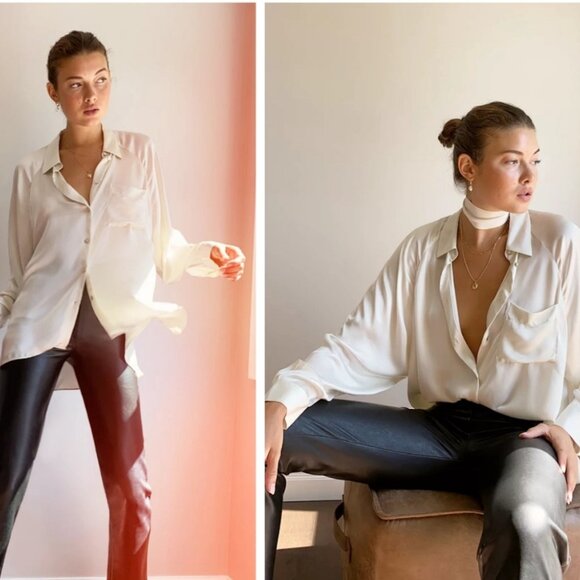 ARITZIA Wilfred 100% Cupro Collar Hi Low Button Up Long Sleeve Blouse Champagne - Picture 2 of 15